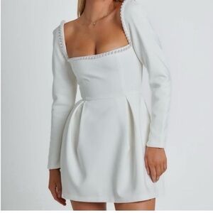 Bridal Long Sleeve White Dress with Pearl Trim Square Neck